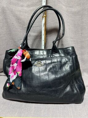 Coach Black Croc-Embossed Leather Tote with Floral Scarf Accent